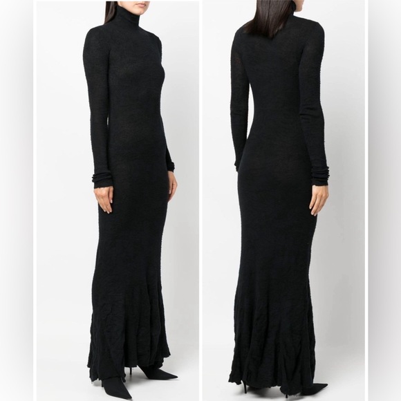 BALENCIAGA Distressed cotton-blend turtleneck long sleeve black maxi dress - Picture 2 of 15